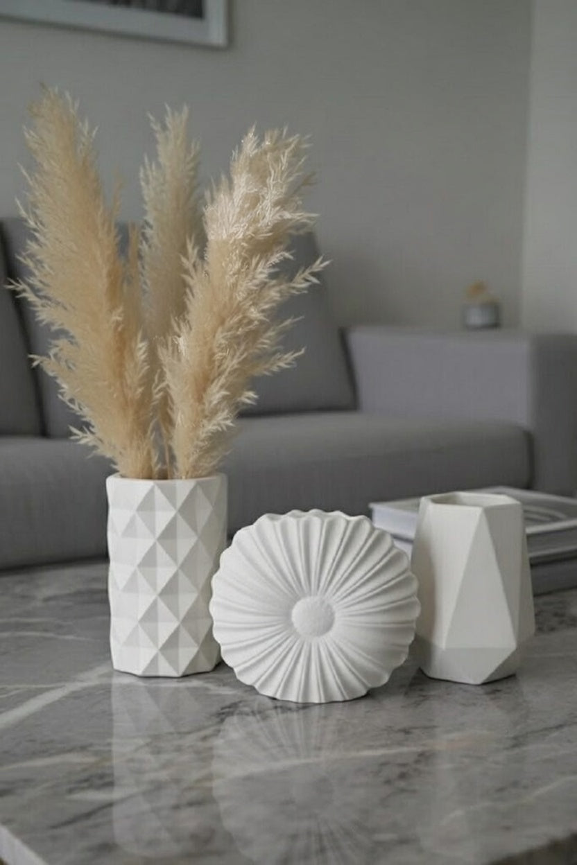 Safir Design İskandinav Beyaz 3lü Vazo Seti - Pampaslı