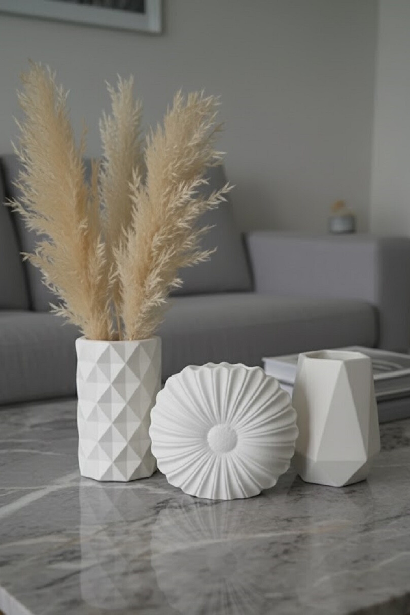 Safir Design İskandinav Beyaz 3lü Vazo Seti - Pampaslı