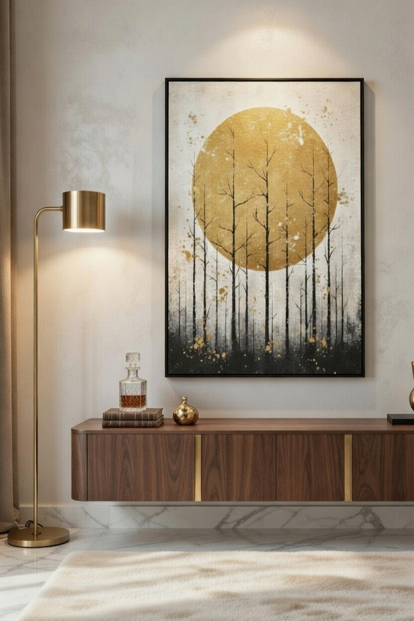 Safir Design Altın Güneş Minimalist Orman Çerçeveli Tablo