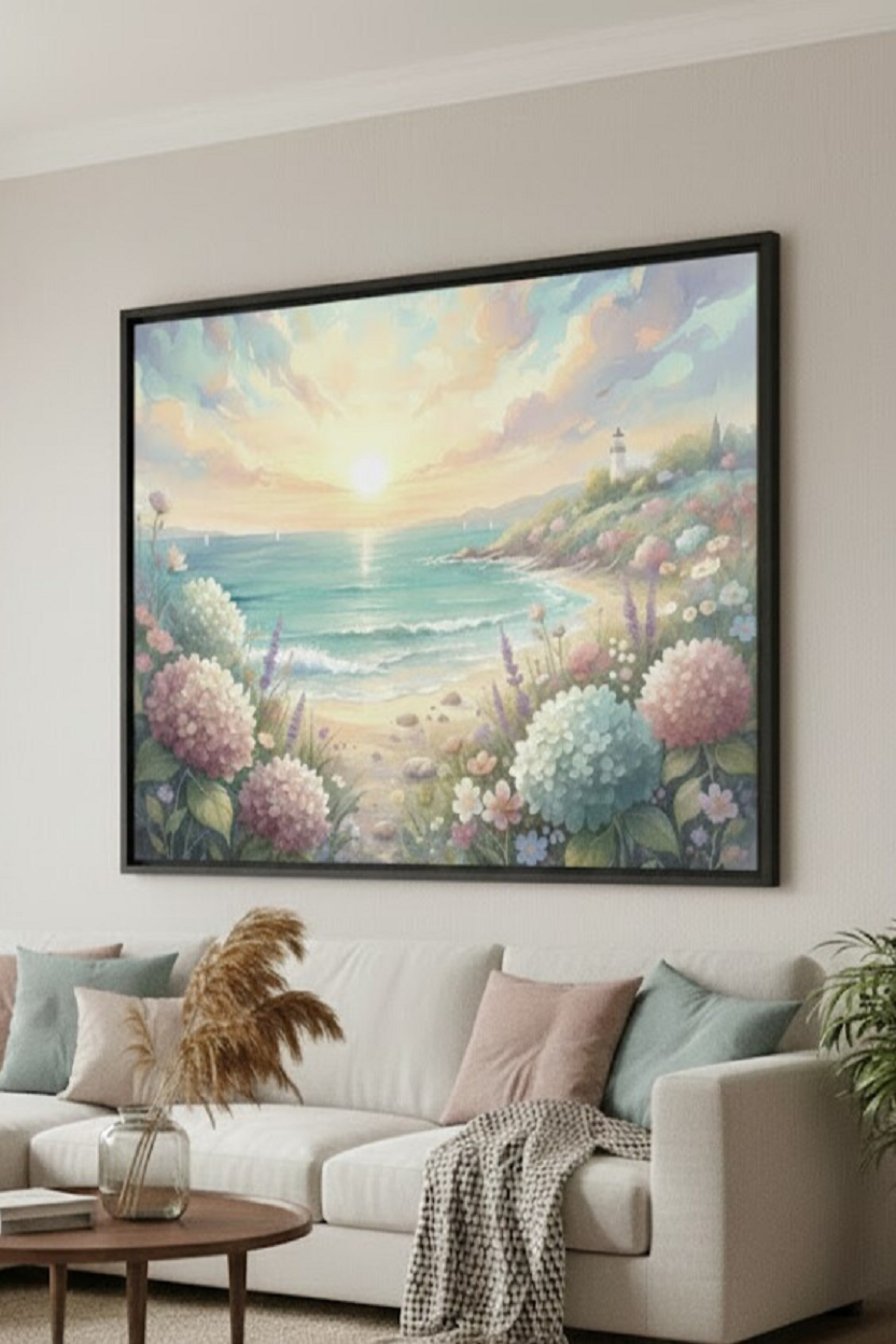 Safir Design Huzur Veren Sahil ve Çiçek Kompozisyonlu Çerçeveli Tablo