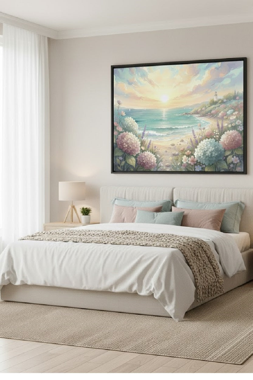 Safir Design Huzur Veren Sahil ve Çiçek Kompozisyonlu Çerçeveli Tablo