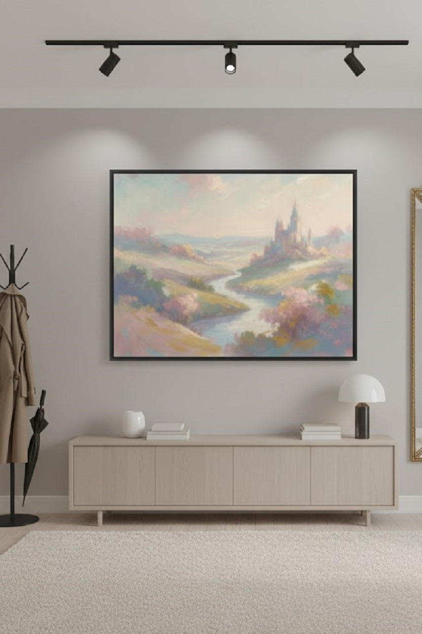 Safir Design Pastel Masalsı Şato ve Nehir Çerçeveli Duvar Tablosu