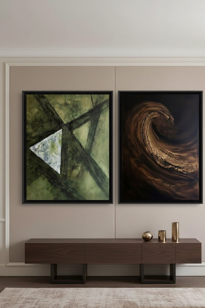 Safir Design Yeşil Kahve Girdap Temalı 2li Çerçeveli Tablo Takımı