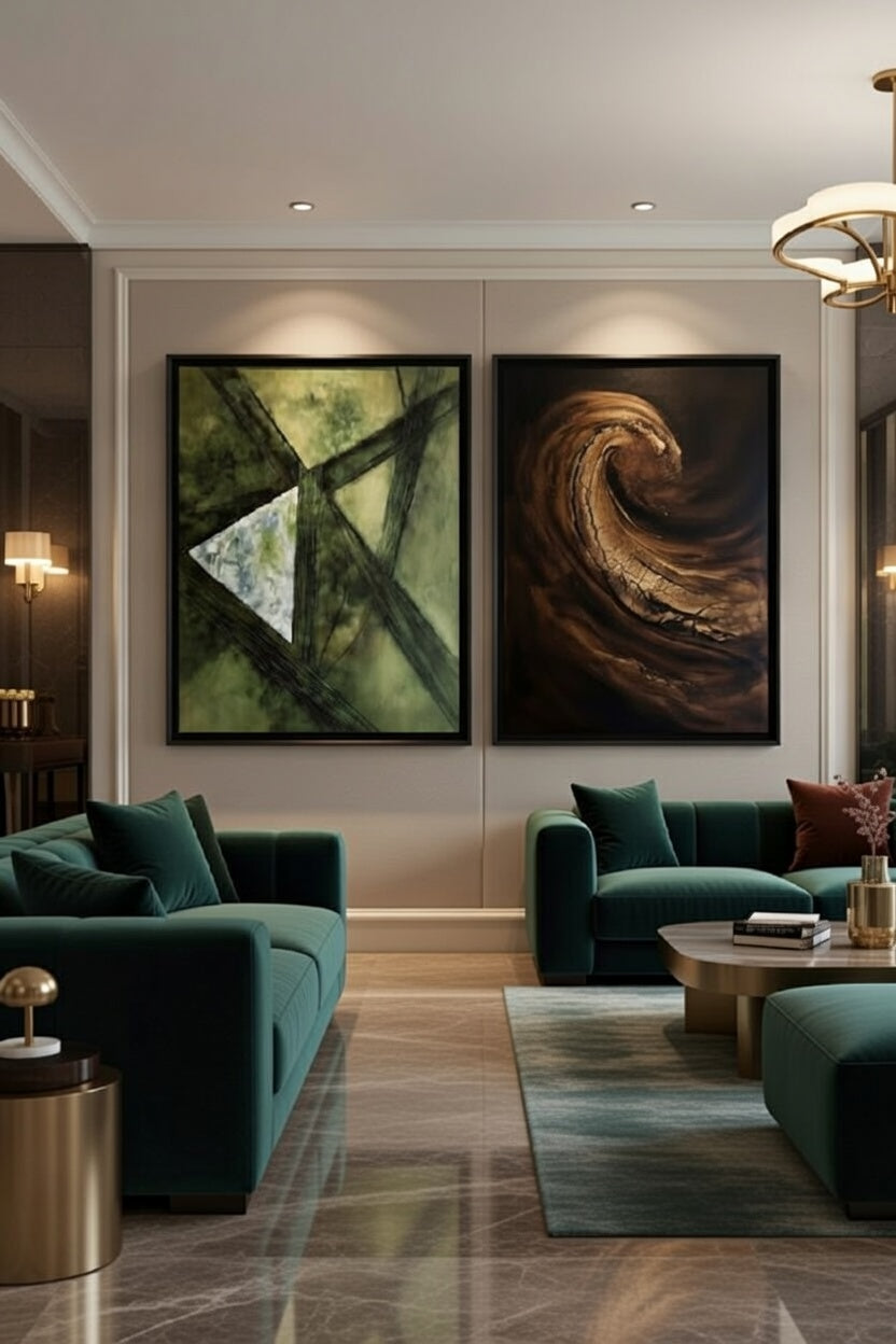 Safir Design Yeşil Kahve Girdap Temalı 2li Çerçeveli Tablo Takımı