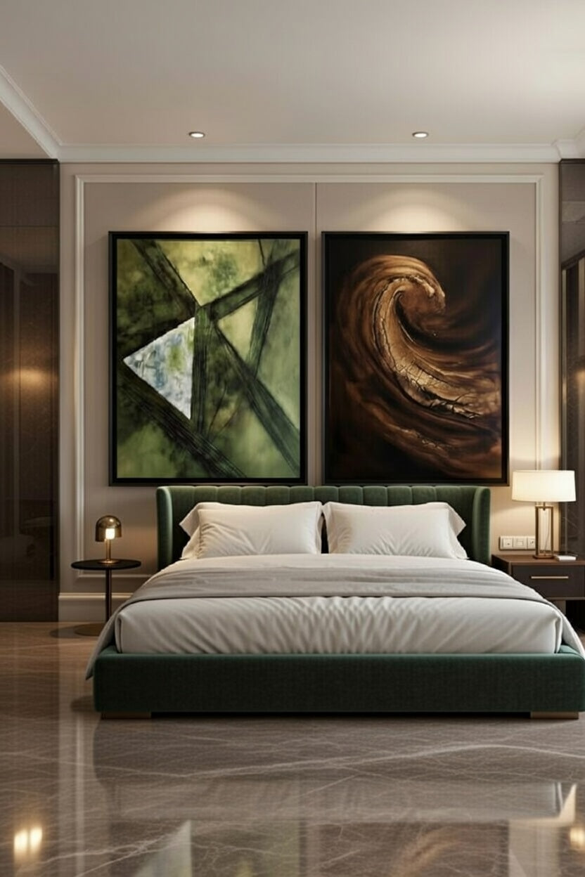 Safir Design Yeşil Kahve Girdap Temalı 2li Çerçeveli Tablo Takımı