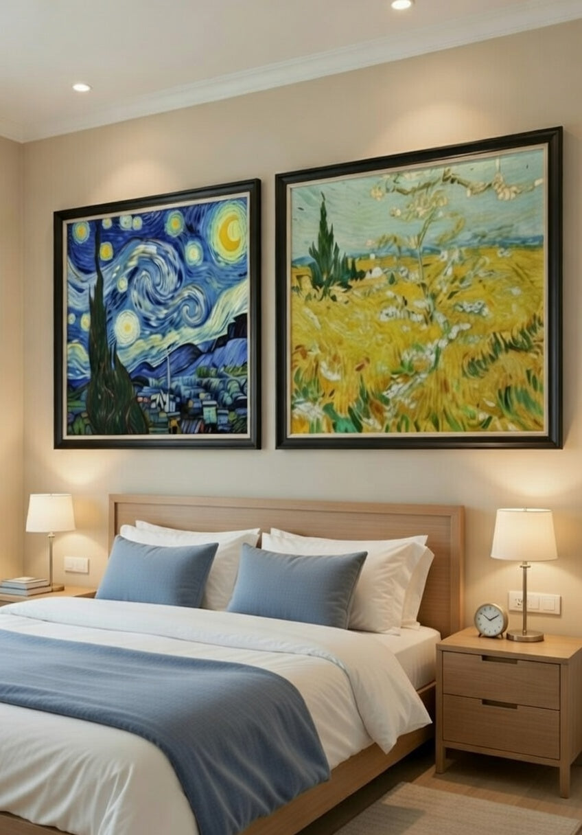 Safir Design Van Gogh Tarzı Yıldızlı Gece ve Buğday Tarlası 2’li Çerçeveli Tablo Seti