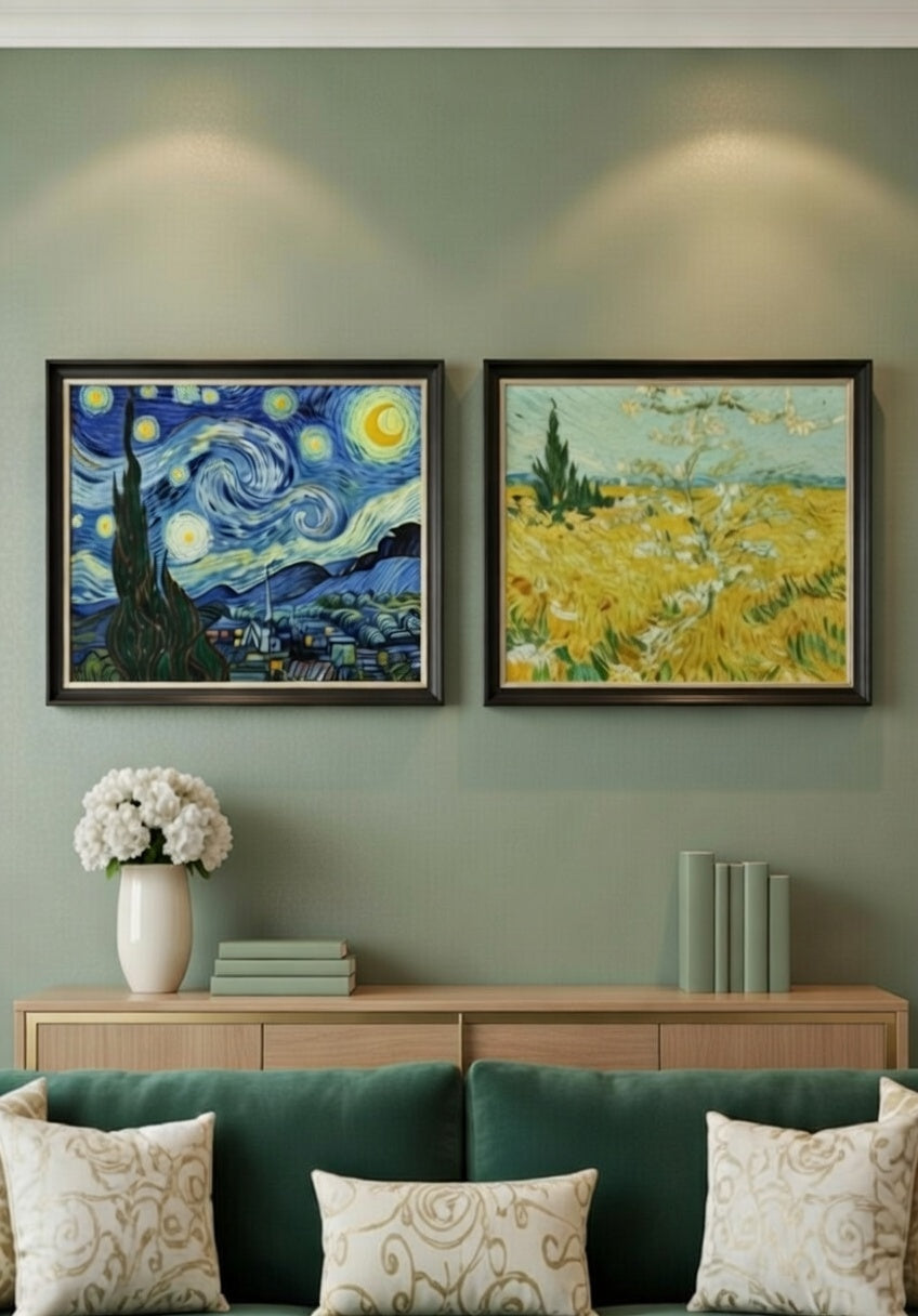 Safir Design Van Gogh Tarzı Yıldızlı Gece ve Buğday Tarlası 2’li Çerçeveli Tablo Seti