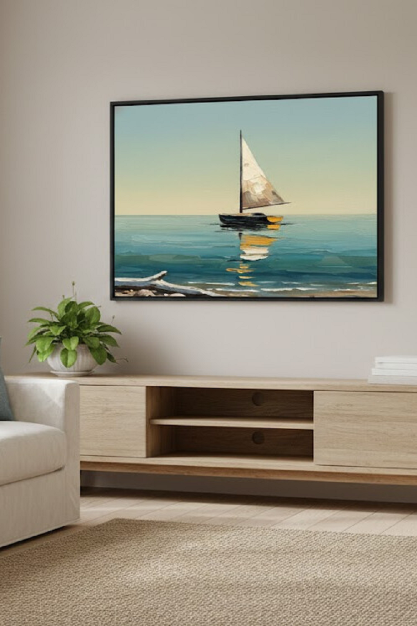 Safir Design Modern Deniz Manzaralı ve Yelkenli Çerçeveli Tablo