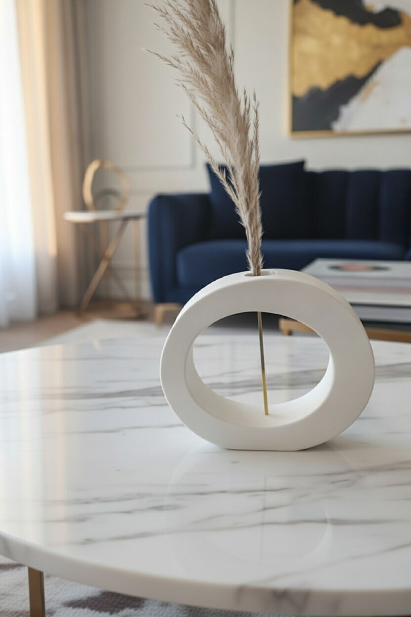 Safir Design Tasarım Beyaz Oval Vazo ve Pampas Seti