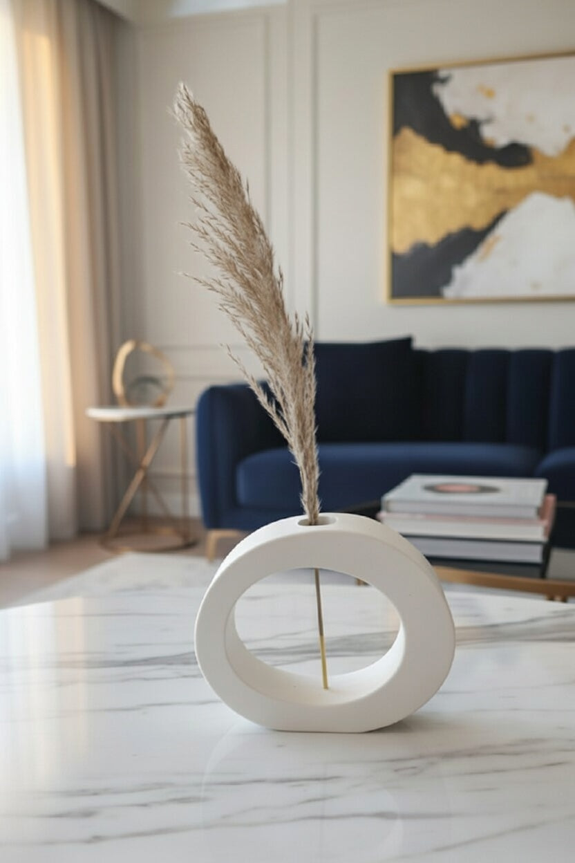Safir Design Tasarım Beyaz Oval Vazo ve Pampas Seti